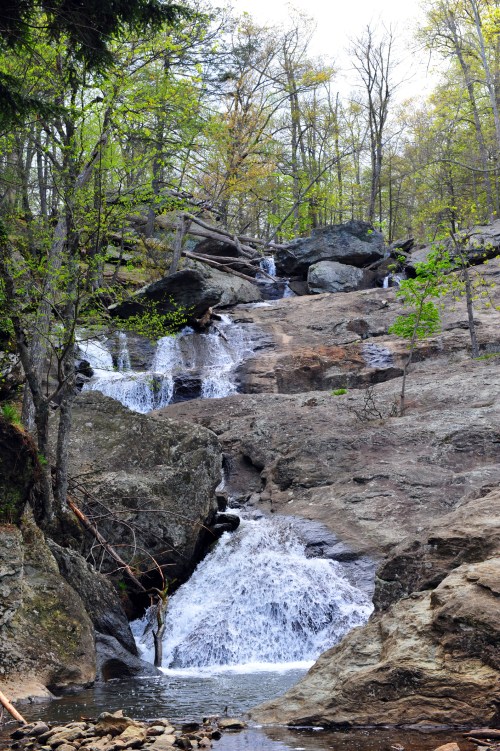 A serene waterfall cascading over rocky terrain, surrounded by lush green trees in a tranquil forest setting.