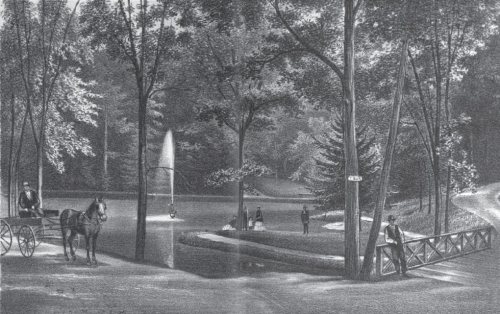 A vintage illustration of a serene park scene with a pond, trees, a fountain, and people enjoying the outdoors.
