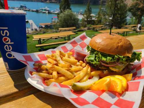 A burger with lettuce, tomato, and onion, served with fries and a drink, set against a scenic waterfront view.