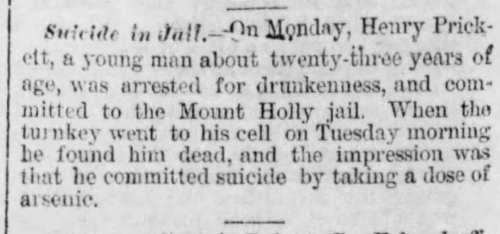 Article excerpt reporting the suicide of Henry Prickett, a 23-year-old man, in Mount Holly jail.