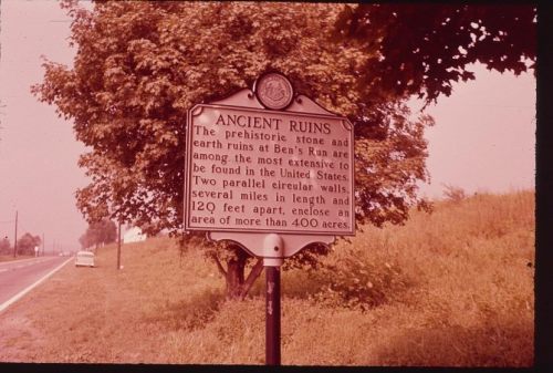 Sign describing ancient ruins at Ben's Run, highlighting stone and earth structures with circular walls over 400 acres.