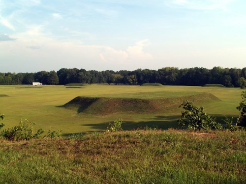 A grassy landscape featuring large, earthen mounds surrounded by trees under a clear sky.