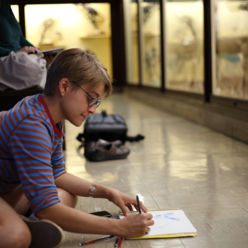 A person with short hair and glasses sketches on paper while sitting on the floor in a museum setting.