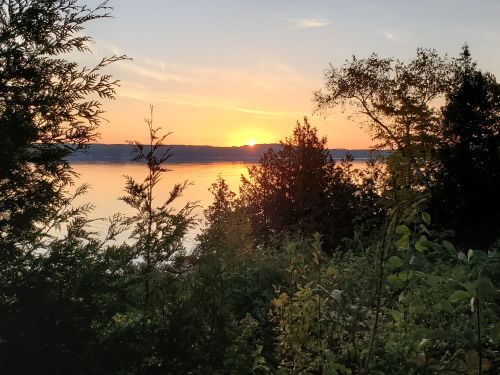 Sunset over a calm lake, framed by trees and greenery, with warm orange and yellow hues in the sky.