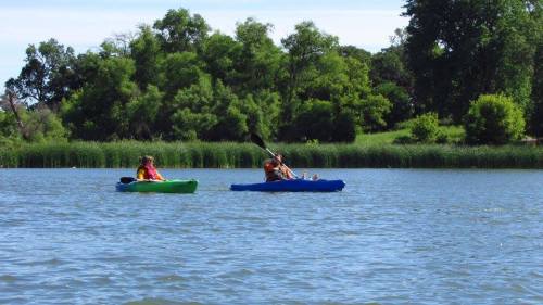 Two people kayaking on a calm lake surrounded by lush greenery and trees under a clear blue sky.