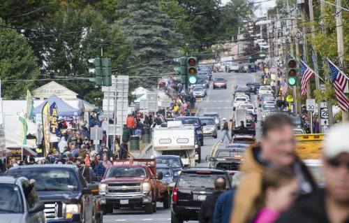 A busy street filled with people, cars, and vendor tents during a community event, with traffic lights visible.