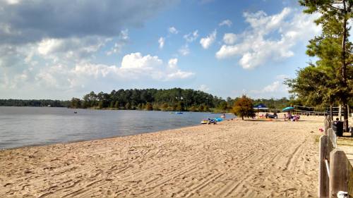 A sandy beach by a calm lake, with trees in the background and people relaxing under blue skies with scattered clouds.