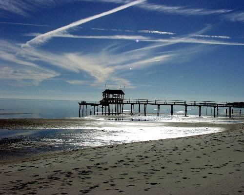 A serene beach scene with a pier extending into calm waters under a clear blue sky and wispy clouds.