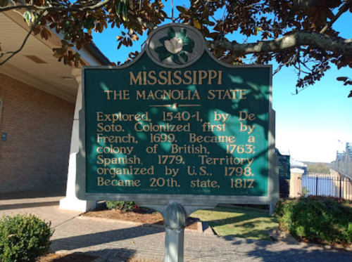 Historical marker for Mississippi, detailing its exploration and colonization history from 1540 to 1817.