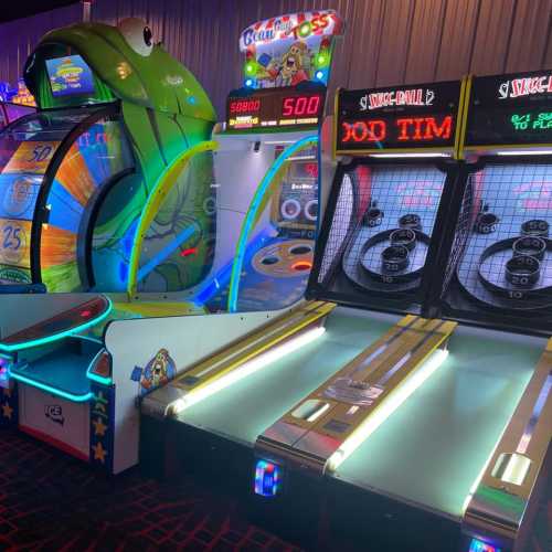 A colorful arcade featuring a frog-themed game and two skee-ball lanes with scoreboards.