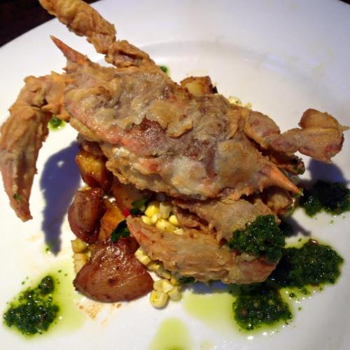 Fried soft-shell crab served on a bed of roasted potatoes and corn, garnished with green sauce.