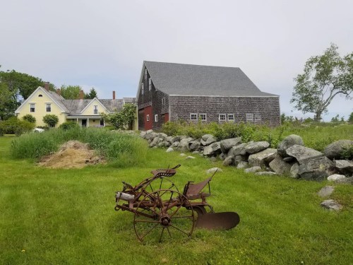 A rustic farm scene featuring a yellow house, a large barn, and an old plow in a grassy field with stone walls.
