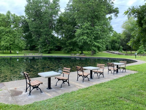 A serene park scene featuring a pond surrounded by green trees and benches with tables along the water's edge.