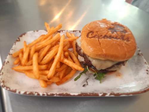 A juicy burger with melted cheese on a bun, served with a side of crispy French fries on a plate.
