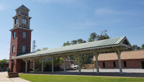 Historic train station with a clock tower and covered platform, surrounded by trees and buildings.
