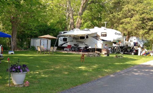 A spacious campsite with a large RV, outdoor seating, and a dog on a green lawn surrounded by trees.