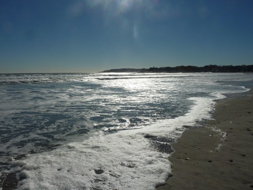 A serene beach scene with gentle waves lapping at the shore under a clear blue sky. Sunlight sparkles on the water.