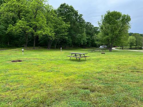 A grassy park area with picnic tables, surrounded by trees and a cloudy sky in the background.