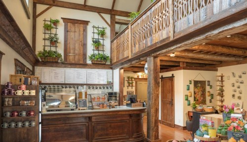 Cozy café interior with wooden beams, a counter, plants on walls, and a balcony overlooking the seating area.