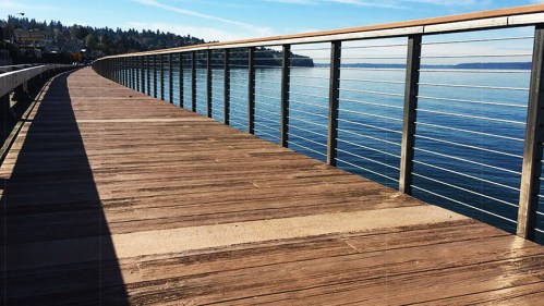 A wooden boardwalk curves along a calm body of water, with a clear blue sky and distant shoreline in the background.