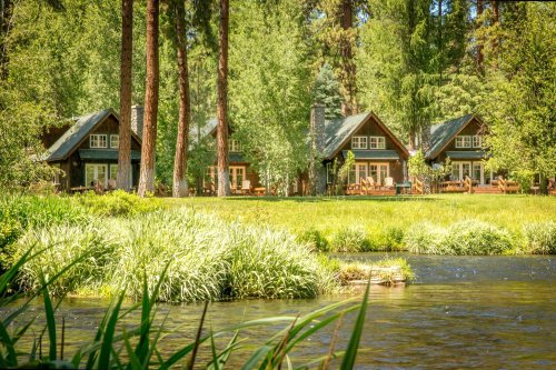 Three cozy cabins nestled among lush greenery by a serene river, surrounded by tall trees.