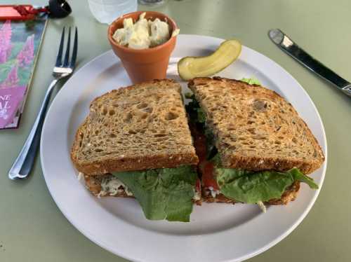 A sandwich with lettuce and tomato on whole grain bread, served with a small pot of potato salad and a pickle.