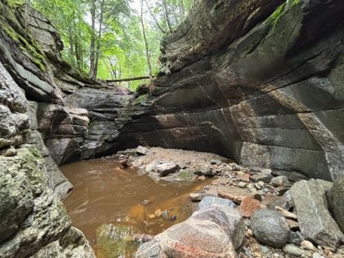 A rocky canyon with steep walls, a small stream, and scattered boulders, surrounded by lush greenery.