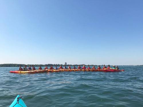 A group of people in colorful kayaks paddling together on a sunny day in a calm lake.