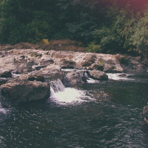 A serene river scene with rocks and gentle water flow, surrounded by lush greenery.