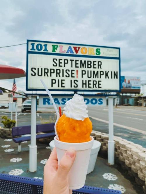 A hand holds a pumpkin pie-flavored snow cone topped with whipped cream in front of a sign announcing its availability.