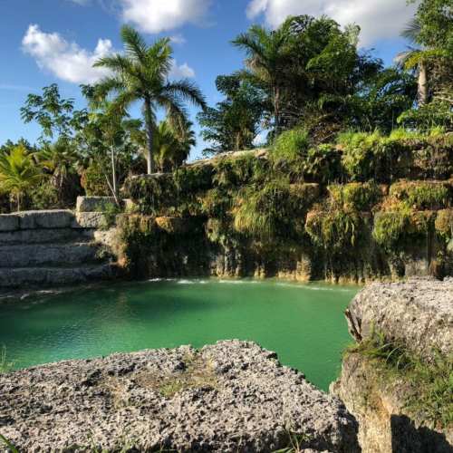 A serene natural pool surrounded by lush greenery and palm trees, with rocky edges and clear blue water.