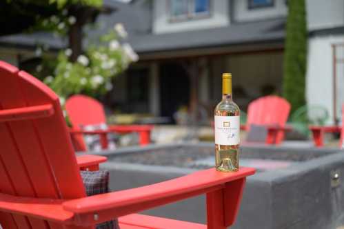 A bottle of white wine sits on a red Adirondack chair, with a cozy outdoor setting in the background.