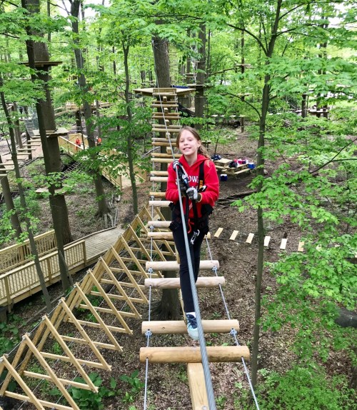 A girl in a red hoodie balances on a rope bridge high in a forest, surrounded by trees and adventure course elements.