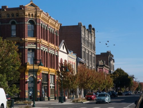Historic buildings line a street with colorful facades, trees, and a clear blue sky above.