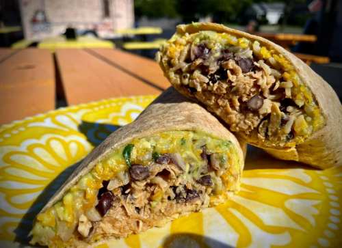 A close-up of two cut burritos on a decorative plate, filled with chicken, black beans, and cheese.