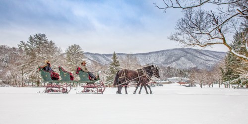A horse-drawn sleigh carries two passengers through a snowy landscape with mountains in the background.