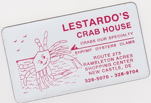 Business card for Lestardo's Crab House featuring a smiling crab and details about their seafood specialties.