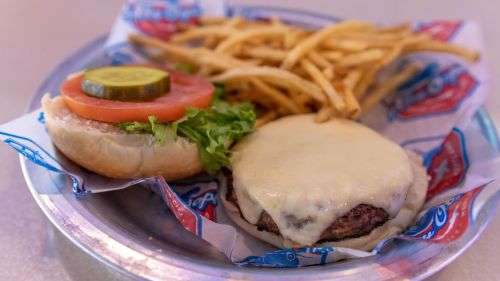 A cheeseburger with lettuce, tomato, and pickles on a bun, served with a side of crispy French fries on a metal plate.
