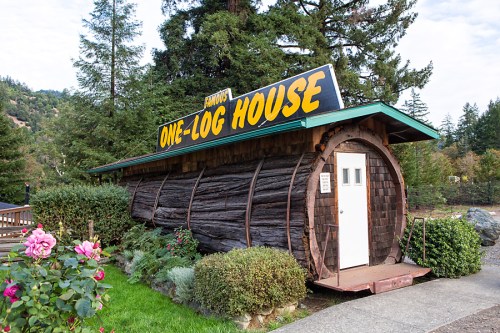 A unique log cabin structure with a sign reading "One-Log House," surrounded by greenery and flowers.
