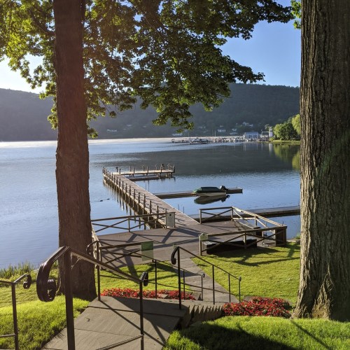 A serene lake view with a wooden dock extending into the water, surrounded by trees and a clear blue sky.