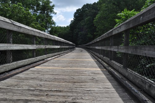 A wooden bridge stretches into the distance, surrounded by lush greenery and a cloudy sky.