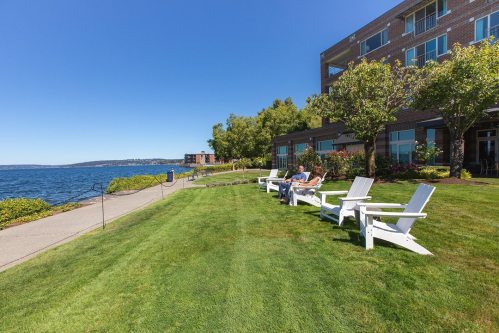 Two people relax in white chairs on a grassy lawn by the water, with a clear blue sky and buildings in the background.