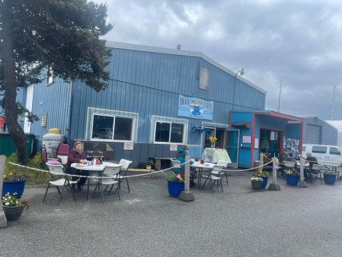 A blue building with a sign for "Blue Moose Cafe," featuring outdoor seating and flower pots on a cloudy day.