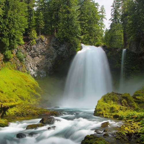 A serene waterfall cascades over rocks, surrounded by lush greenery and mist in a tranquil forest setting.