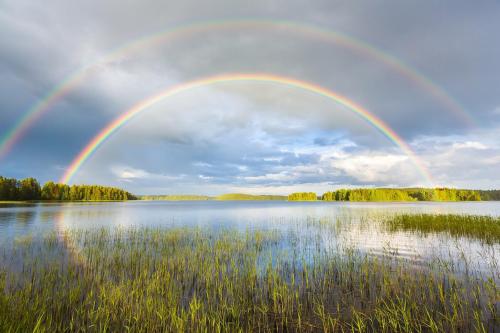 A serene lake scene with lush green grass and a double rainbow arching across a cloudy sky.