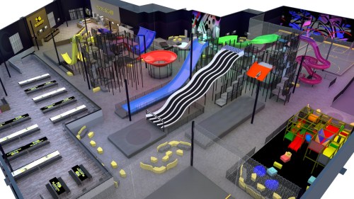 A colorful indoor play area featuring slides, climbing structures, and seating areas for children and families.