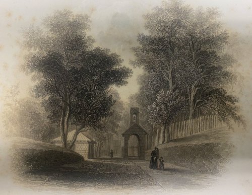 A vintage illustration of a tree-lined path leading to a gated entrance, with figures walking and a clock tower in the background.