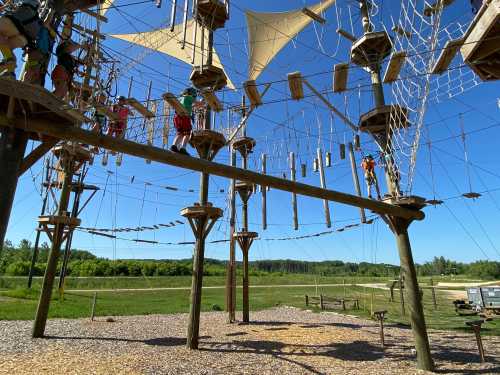 A high ropes course with various climbing structures and participants navigating the obstacles against a clear blue sky.