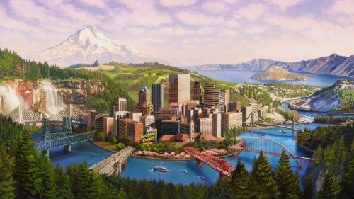 A vibrant cityscape featuring skyscrapers, bridges, and mountains, surrounded by lush greenery and water.