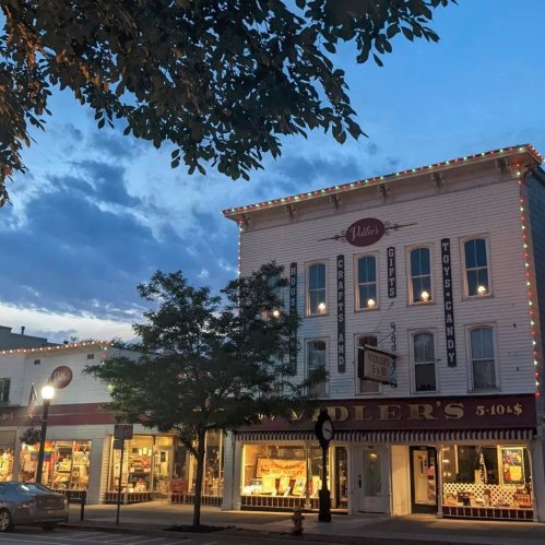 A charming street scene at dusk, featuring shops with bright lights and trees casting shadows.